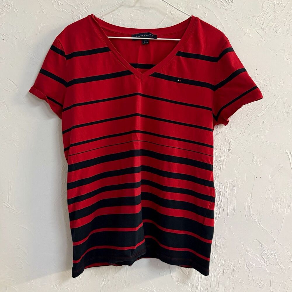Tommy Hilfiger Women’s T-Shirt L Red/Black Striped V-Neck Short Sleeve Knit